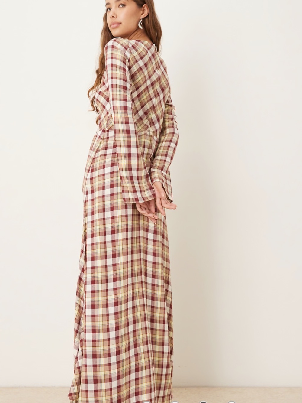 Plaid Long Sleeve Maxi Dress in Burgundy and Cream - Picture 2 of 5